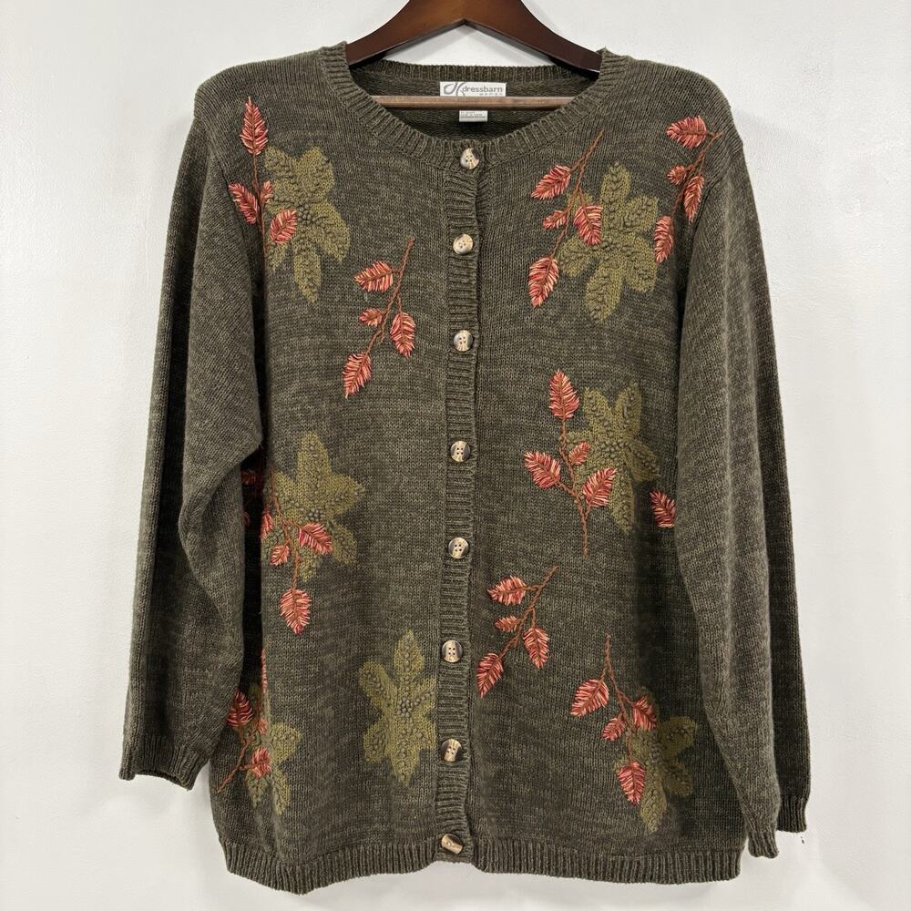 Vintage 90s Dressbarn Green Embroidered Leaf Cardigan Sweater L/XL